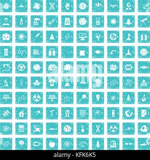 100 space technology icons set grunge blue Stock Vector
