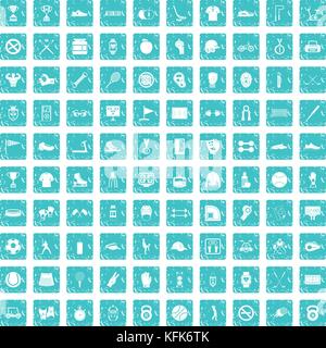 100 sport equipment icons set grunge blue Stock Vector