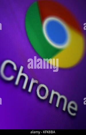 Google chrome browser icon on screen, close-up Stock Photo
