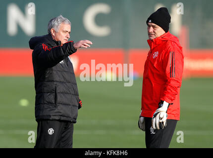 Manchester United manager Jose Mourinho and goalkeeping coach Silvino Louro during the training session at the AON Training Complex, Carrington. Stock Photo