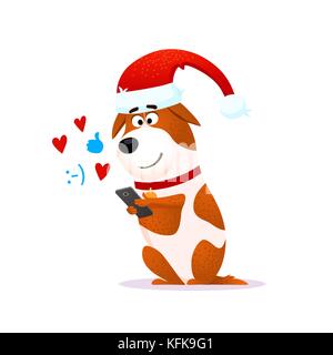 Funny cartoon dog portrait with mobile phone. Flat character in Santa Claus hat for Christmas or New Year 2018. Puppy Terrier with device isolated on white background. Christmas vector illustration. Stock Vector