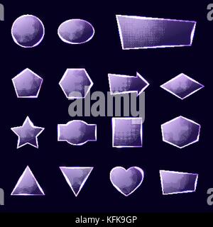 Violet glass plates set. Triangle square rectangle hexagon, pentagon, star, heart, circle textured frames with glow and light on deep blue background. Technology shapes. Realistic vector illustration. Stock Vector