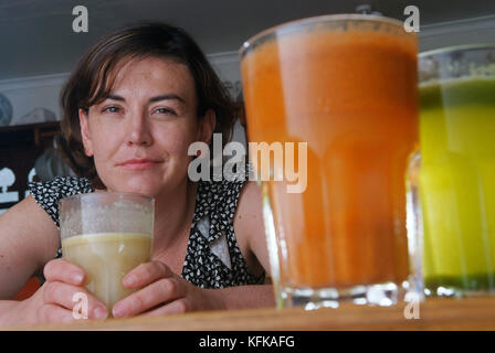 Laura Donnelly trying various juice drinks at the Middle Piccadilly Spa Retreat & Wellness Centre, Sherborne, Dorset, UK Stock Photo