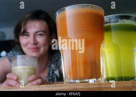 Laura Donnelly trying various juice drinks at the Middle Piccadilly Spa Retreat & Wellness Centre, Sherborne, Dorset, UK Stock Photo
