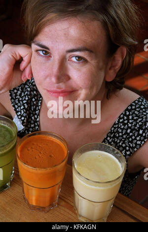 Laura Donnelly trying various juice drinks at the Middle Piccadilly Spa Retreat & Wellness Centre, Sherborne, Dorset, UK Stock Photo