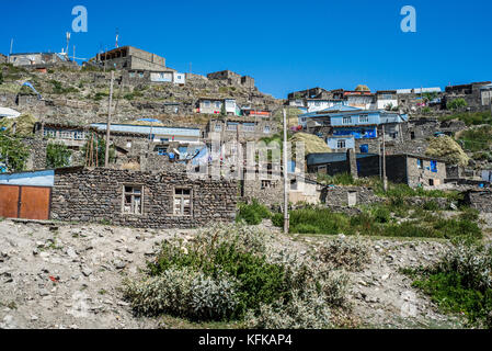 Daily life in the highest village of Azerbaijan. Houses on the top of Khinalig village, Quba region, Azerbaijan. Khinalig is an ancient village deep in the Caucasian mountains on the height of more than 2,300 meters above the sea level. Stock Photo