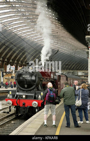 Jubilee class steam locomotive 45699 'Galatea' at York station, UK with the Scarborough Spa Express charter train Stock Photo