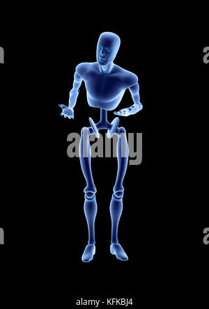 Blue humanoid robot android standing in a questioning pose. Isolated on black background. 3D illustration Stock Photo