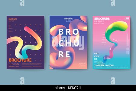 Abstract brochure design set, colorful flowing fluid in holographic style, poster design Stock Vector