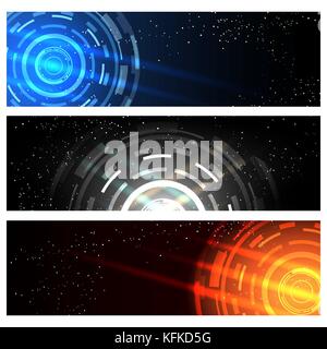 Abstract trendy banner or header set with technology circles on sky background. Vector illustration Stock Vector