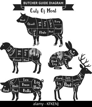 Illustrations for butcher shop. Cutting lines of different parts of domestic animals. Vector Stock Vector