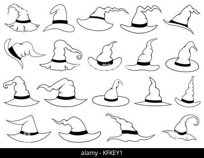 Illustration of different witch hats isolated on white Stock Photo