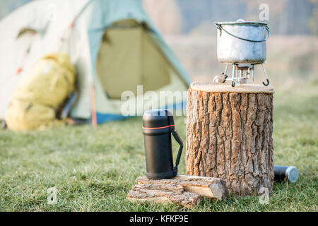 Camping place on the green lawn Stock Photo