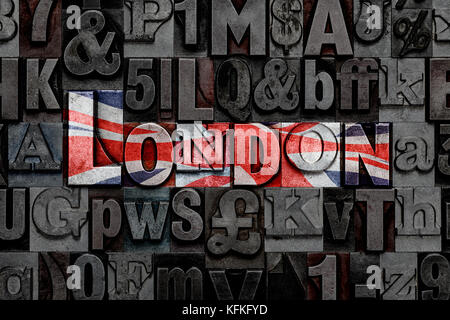 The word London made from old metal letterpress letters with Union Jack colours Stock Photo