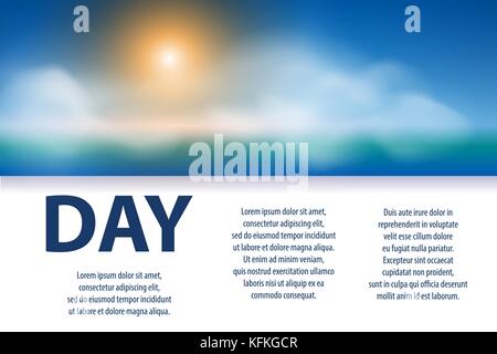 Sunny day poster design. Banner with sun, clouds and text. Vector illustration Stock Vector