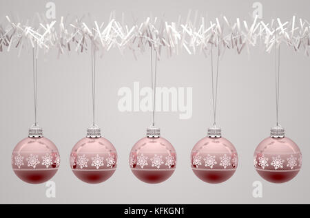 Rose gold christmas baubles decorated with fine ornate snowflake patterns hanging from a fake white christmas tree branch - 3D render Stock Photo