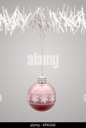 Rose gold christmas baubles decorated with fine ornate snowflake patterns hanging from a fake white christmas tree branch - 3D render Stock Photo