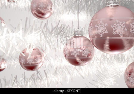 Rose gold christmas baubles decorated with fine ornate snowflake patterns hanging from a fake white christmas  - 3D render Stock Photo