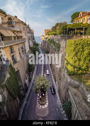 Aerial view of Via Luigi de Maio. Winding road which leads to Marina Piccola. Sorrento, Italy. Stock Photo