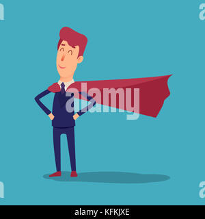 Cartoon successful businesman superhero in suit and cape. Young office superman manager in flat style. Professional salesman smiling on a white background. Powerful big boss. Stock Photo