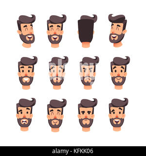 Man s head with different emotions. Cartoon male faces character set. Facial emotions for game or animation. Back, front, side head. Avatar of a young men with different expressions face. Stock Photo