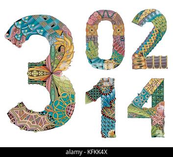 Hand-painted art design. Hand drawn illustration for decoration. Number zero, one, two, three, four zentangle objects. Stock Vector