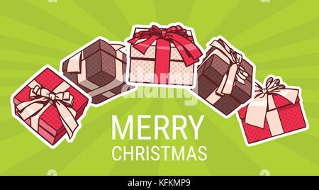 Merry Christmas Poster With Different Gift Boxes Retro Banner Design Pop Art Background Stock Vector