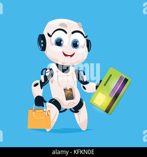 Cute Robot Hold Greeting Card And Shopping Bags Robotic Girl Isolated Icon On Blue Background Modern Technology Artificial Intelligence Concept Stock Vector