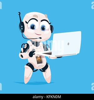 Robot hold laptop coding on blue background Vector Image