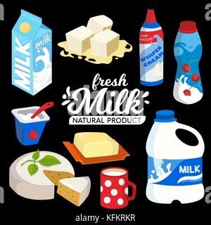 Vector dairy products set flat style including cup of milk, milk canister, butter, whipped cream, cheese, yogurt, cottage cheese, camembert cheese, feta isolated on black. Stock Vector