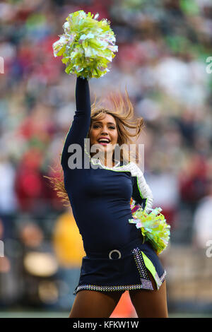Seattle, Washington, USA. 29th Oct, 2017. October 29, 2017: A Seagal dances during a game between the Houston Texans and the Seattle Seahawks at CenturyLink Field in Seattle, WA on October 29, 2017. The Seahawks defeated the Texans 41-38. Sean Brown/CSM Credit: Cal Sport Media/Alamy Live News Stock Photo