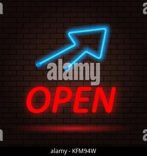 Open neon sign and arrow on brick wall background. Vector illustration . Stock Vector