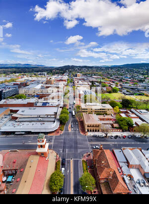 Aerial overhead view along Dean street in rural regional town of New South Wales - Albury. A town at NSW-Victoria border along Hume highway. Stock Photo