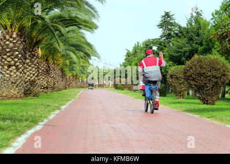 Bicycle path among the palm-lined avenue along which people ride. Stock Photo