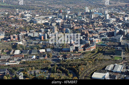 aerial view of the Leeds skyline from the west looking down Wellington Road A58 towards the city centre, UK Stock Photo