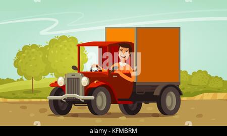 Happy driver rides in retro truck. Delivery, farming concept. Cartoon vector illustration Stock Vector
