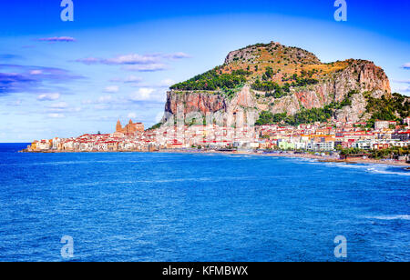 Cefalu, Sicily. Ligurian Sea and medieval sicilian city Cefalu. Province of Palermo, Italy. Stock Photo