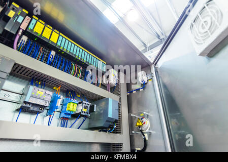 Electric control panel enclosure for power and distribution electricity. Uninterrupted, electrical voltage. Stock Photo