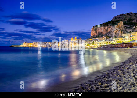 Cefalu, Sicily. Ligurian Sea and medieval sicilian city Cefalu. Province of Palermo, Italy. Stock Photo