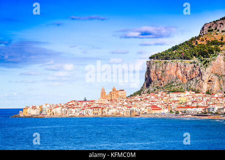 Cefalu, Sicily. Ligurian Sea and medieval sicilian city Cefalu. Province of Palermo, Italy. Stock Photo