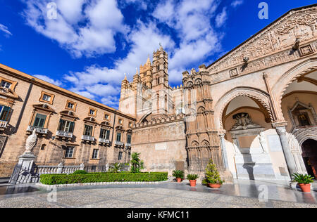 Palermo, Sicily. Twilight view Norman Cathedral of Assumption the Virgin Mary, medieval Italy. Stock Photo