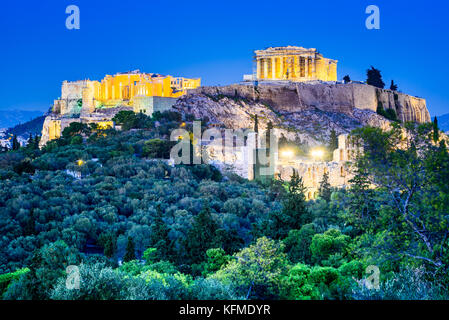 Athens, Greece - Night view of Acropolis, ancient citadel of Greek Civilization. Stock Photo