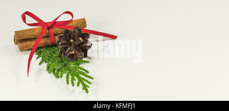 Cinnamon sticks tied with red ribbon and pine cone on a sprig of cedar Stock Photo