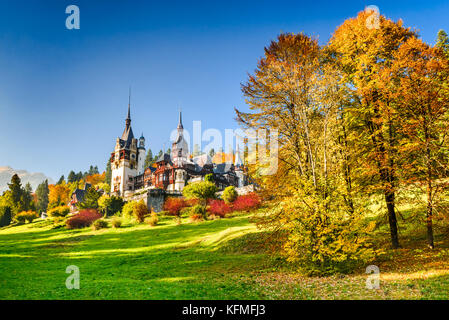 Peles Castle, Romania. Famous Neo-Renaissance castle and ornamental garden in Sinaia, Carpathian Mountains in Europe. Stock Photo