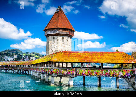 Lucerne, Switzerland - Famous wooden Chapel Bridge, oldest wooden covered bridge in Europe. Luzern, Lucerna in Swiss country. Stock Photo