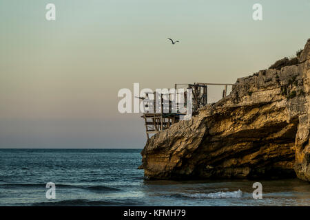 Traditional fishing towers. Peschici and the Gargano National Park. Italy. Stock Photo