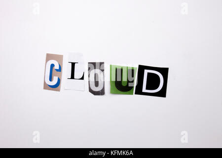 A word writing text showing concept of CLOUD made of different magazine newspaper letter for Business case on the white background with space Stock Photo