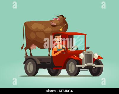 Happy farmer and cow rides on truck. Farming, farm, agriculture concept. Cartoon vector illustration Stock Vector
