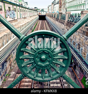 Subway rail in Vienna, U4 subway railway, open air, passing by Naschmarkt. Public transport.Subway tunnel. Seen through railing. Wien, Austria, Europe Stock Photo