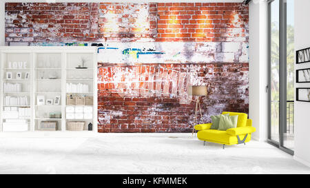 Scene with brand new interior in vogue with white rack and modern yellow chair. 3D rendering. Horizontal arrangement. Stock Photo